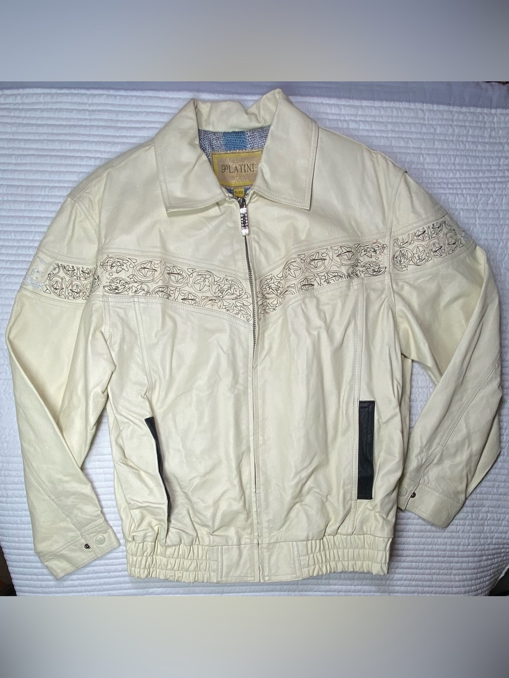 Vintage Platini Cream Leather Western Bomber Jacket Embroidered Panther XL